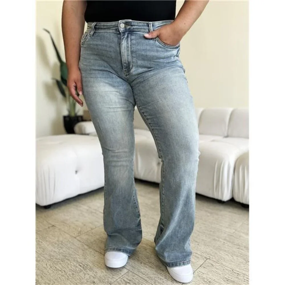 NWT ๐ Judy Blue Mid Rise Flare Jeans, Faded Detailing, Reg and Plus Sizes - Picture 1 of 9